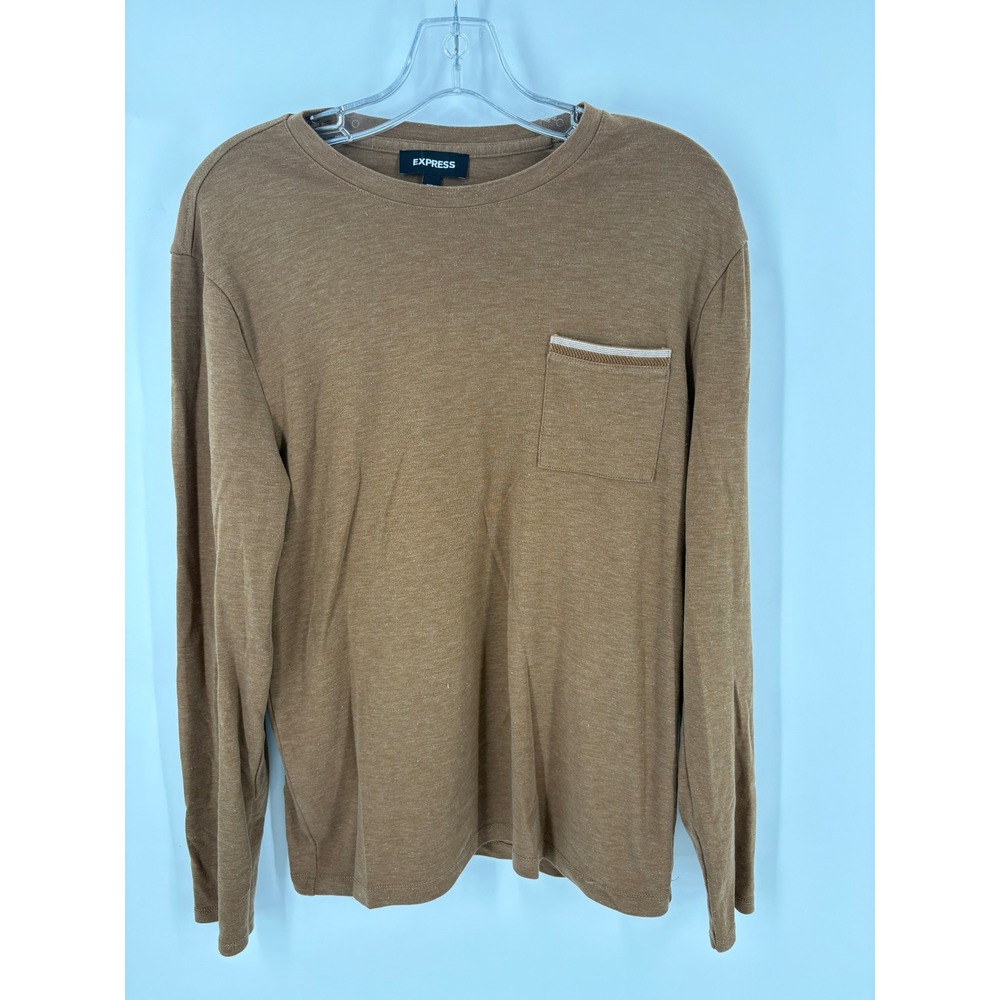 Express Long Sleeve Crew Neck Pocket T Shirt Brown Size S